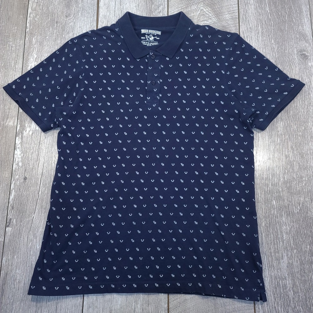 True Religion Polo Shirt Mens XL Navy Blue Monogram Horseshoe Logo Short Sleeve